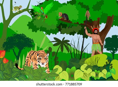 Aboriginal in the jungle, wild jungle scene, tiger, monkeys, birds and trees,
exotic animals and plants vector.