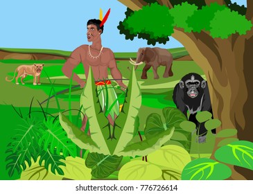 Aboriginal man in the wilflife, elephant, monkey, lion. Nature wildlife theme.