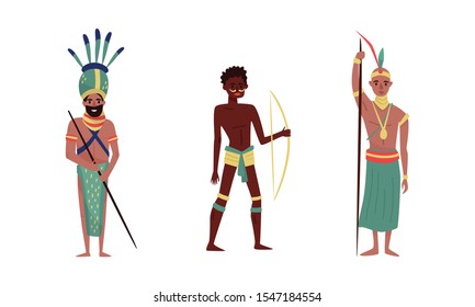 Aboriginal men with traditional weapons. Vector illustration on a white background.