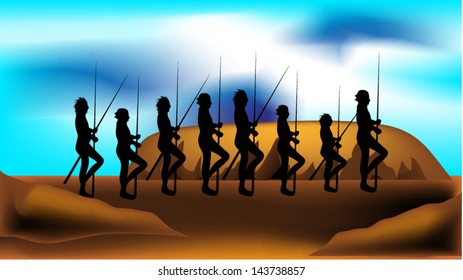 Aboriginal people dancing near the mountains.vector