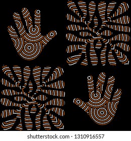 Aboriginal seamless vector pattern including ethnic Australian motive with white and orange dotted circles, leaf, palm and other typical elements on black background