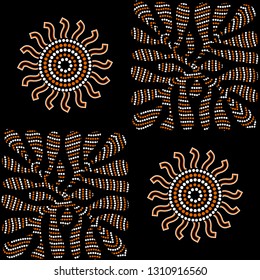 Aboriginal seamless vector pattern including ethnic Australian motive with white and orange dotted circles, leaf, sun and other typical elements on black background