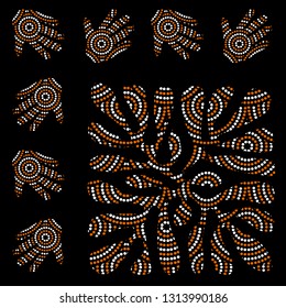 Aboriginal seamless vector pattern including ethnic Australian motive with white and orange dotted circles, leaf, palm and other typical elements on black background