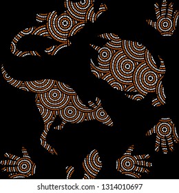 Aboriginal seamless vector pattern including ethnic Australian motive with kangaroo, lizard, turtle, palm and other white and orange dotted typical elements on black background