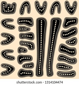 Aboriginal seamless vector pattern including ethnic Australian motive with boomerang and other dotted typical elements on milky background