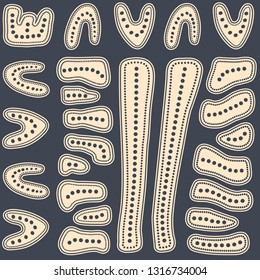 Aboriginal seamless vector pattern including ethnic Australian motive with boomerang and other dotted typical elements on grey background