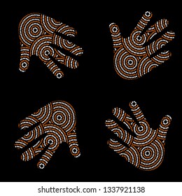 Aboriginal seamless vector pattern including ethnic Australian motive with white and orange dotted circles, palm and other typical elements on black background