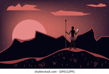 Aboriginal with a smartphone in his hand. Landscape during sunset. Vector illustration.