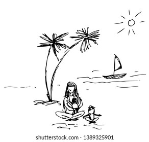 Aboriginal woman with children on the island. Vector illustration.