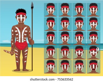 Aboriginal Young Man Beach Cartoon Emotion faces Vector Illustration