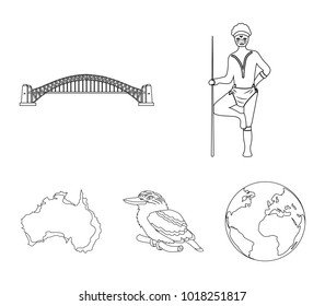 Aborigine with a spear, Sydney Harbor Bridge, kookabarra on a branch, the territory of the country.Australia set collection icons in outline style vector symbol stock illustration web.