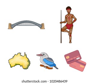 Aborigine with a spear, Sydney Harbor Bridge, kookabarra on a branch, the territory of the country.Australia set collection icons in cartoon style vector symbol stock illustration web.