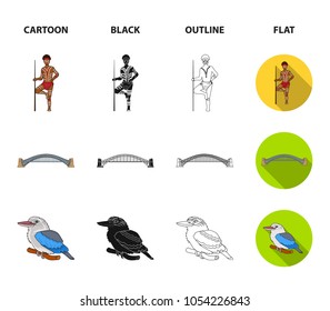 Aborigine with a spear, Sydney Harbor Bridge, kookabarra on a branch, the territory of the country.Australia set collection icons in cartoon,black,outline,flat style vector symbol stock illustration