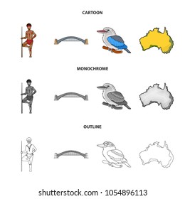 Aborigine with a spear, Sydney Harbor Bridge, kookabarra on a branch, the territory of the country.Australia set collection icons in cartoon,outline,monochrome style vector symbol stock illustration