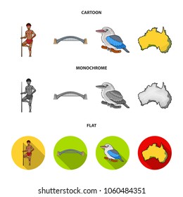 Aborigine with a spear, Sydney Harbor Bridge, kookabarra on a branch, the territory of the country.Australia set collection icons in cartoon,flat,monochrome style vector symbol stock illustration web.
