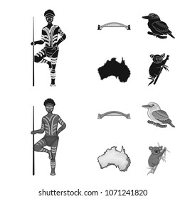 Aborigine with a spear, Sydney Harbor Bridge, kookabarra on a branch, the territory of the country.Australia set collection icons in black,monochrom style vector symbol stock illustration web.
