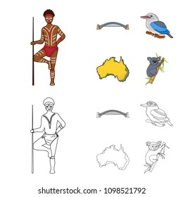 Aborigine with a spear, Sydney Harbor Bridge, kookabarra on a branch, the territory of the country.Australia set collection icons in cartoon,outline style vector symbol stock illustration web.