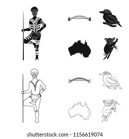 Aborigine with a spear, Sydney Harbor Bridge, kookabarra on a branch, the territory of the country.Australia set collection icons in black,outline style vector symbol stock illustration web.