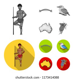 Aborigine with a spear, Sydney Harbor Bridge, kookabarra on a branch, the territory of the country.Australia set collection icons in monochrome,flat style vector symbol stock illustration web.