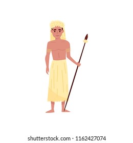 Aborigine warrior character with spear in traditional etnic clothes and headdress vector Illustration on a white background