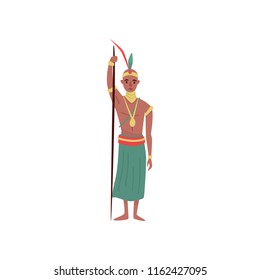 Aborigine warrior character with spear in traditional etnic clothes vector Illustration on a white background