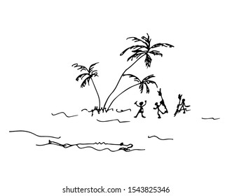 Aborigines on the beach under a palm tree. Line drawing, sketch. Vector illustration.