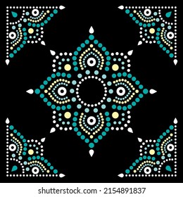 Aborignal style floral mandala with corners dot painting vector design,  Australian folk art square composition in green on black background. Traditional ornament from Australia, retro greeting card 
