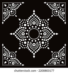 Aborignal style floral mandala with corners dot painting vector design,  Australian folk art square composition in white on black background. Traditional monochrome ornament from Australia