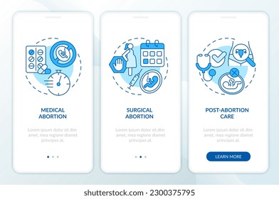 Abortion care blue onboarding mobile app screen. Unwanted pregnancy walkthrough 3 steps editable graphic instructions with linear concepts. UI, UX, GUI template. Myriad Pro-Bold, Regular fonts used