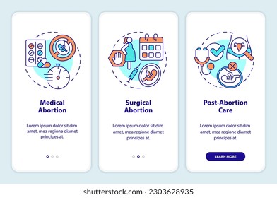 Abortion care onboarding mobile app screen. Medical service walkthrough 3 steps editable graphic instructions with linear concepts. UI, UX, GUI template. Myriad Pro-Bold, Regular fonts used