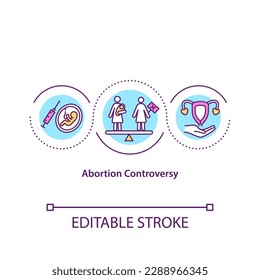 Abortion controversy concept icon. Birth control problem. Social pressure. Negative choice. Religious issue idea thin line illustration. Vector isolated outline RGB color drawing. Editable stroke