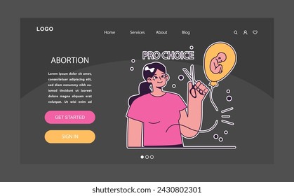 Abortion dark or night mode web, landing. Pregnancy termination. Reproductive health decisions. Mother choice to cancel unborn child with gynecology surgery. Flat vector illustration.