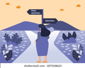 Abortion vector concept: Confused pregnant woman choosing to Stop Abortion or Abortion