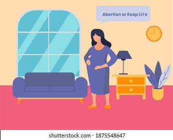 Abortion vector concept: Confused pregnant woman choosing to abortion or keep life