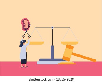 Abortion vector concept: Doctor aborting an embryo with gavel and justice scales background