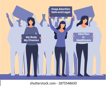 Abortion vector concept: Abortion Pro-choice activists rally while carrying banner