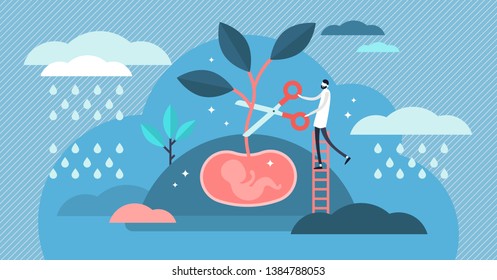 Abortion vector illustration. Flat tiny stop baby pregnancy persons concept. Mothers choice to cancel unborn child with gynecology doctor surgery. Maternity health danger with infant life exclusion.