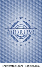 Abortive blue badge with geometric pattern background.