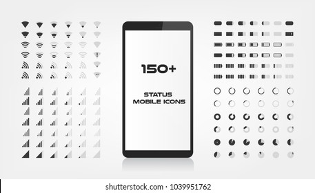 About 150 interface icons. Mobile battery power charger, wifi signal and connection level sing set. The round shape with the filled and empty risks For mobile applications web and desktop. EPS 10