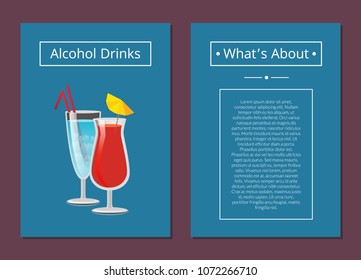 About alcoholic drinks poster with beverages in festive wineglasses decorated by lemon and straws. Background of vector illustration is dark blue