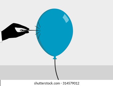 About to burst the bubble. Hand with needle and ballon. Vector illustration for  financial crisis concept