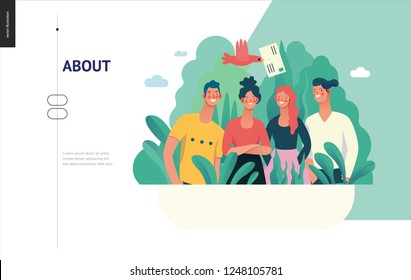   about company, contact -modern flat vector concept illustration of a company employees posing together. Business workflow management. Creative landing page design template