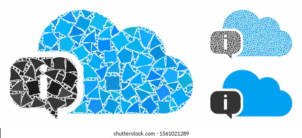 About composition of bumpy pieces in different sizes and color hues, based on about icon. Vector humpy parts are organized into collage. About icons collage with dotted pattern.