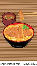 It's about to eat Katsu-Don pork cutlet served on top of a bowl of rice set illustration.