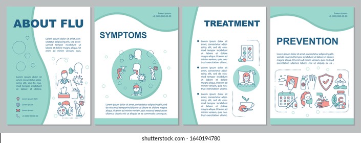 About flu brochure template. Influenza symptoms. Disease awareness. Flyer, booklet, leaflet print, cover design with linear icons. Vector layouts for magazines, annual reports, advertising posters