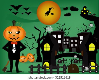 about Halloween,concept of vector design,cloud on the sky,ghost's standing,bats on the sky.