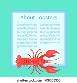 About lobsters, banner representing big icon of red lobster and filling form with text on white vector illustration isolated on azure
