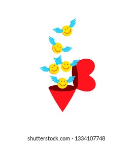 About love. Happy emoticons fly out of an open heart. Hand drawn vector illustration isolated on white, logo, t-shirt design