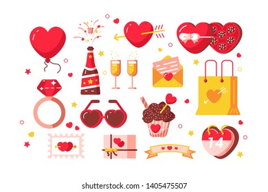 About love set vector illustration. Hearts, present box, chocolate candy with ribbon bows and diamond ring symbols of february romantic holiday or wedding flat style design. Valentines Day concept