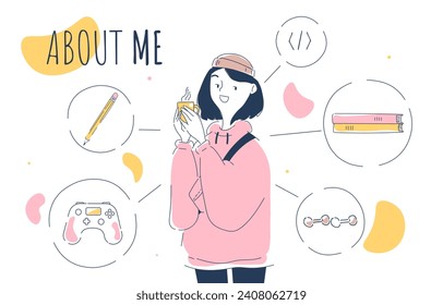 About me page linear. Woman with her hobbies. Beautiful young girl with books and gamepad, hot drink. Video games and reading. Doodle flat vector illustration isolated on white background